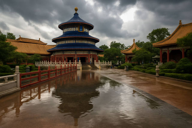 Heavy Rain Leaves Standing Water at EPCOT’s China Pavilion