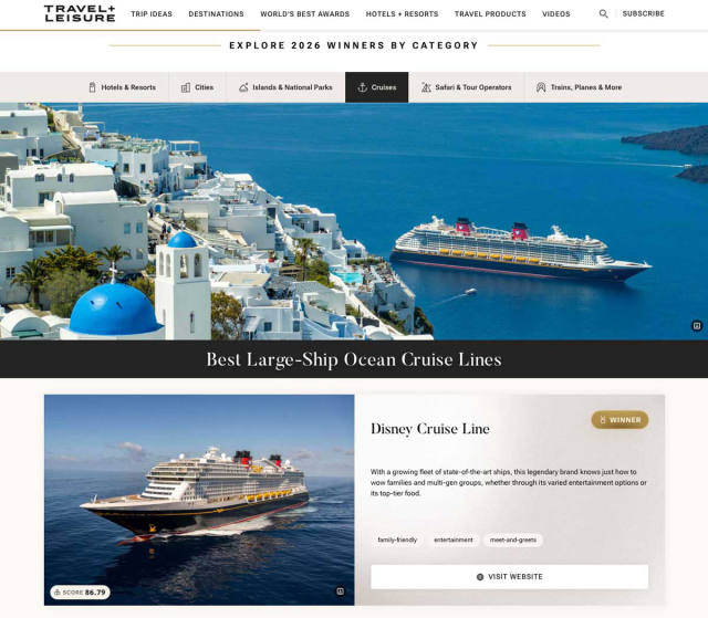 Disney Cruise Line Wins Travel + Leisure's Best Large-Ship Award Again