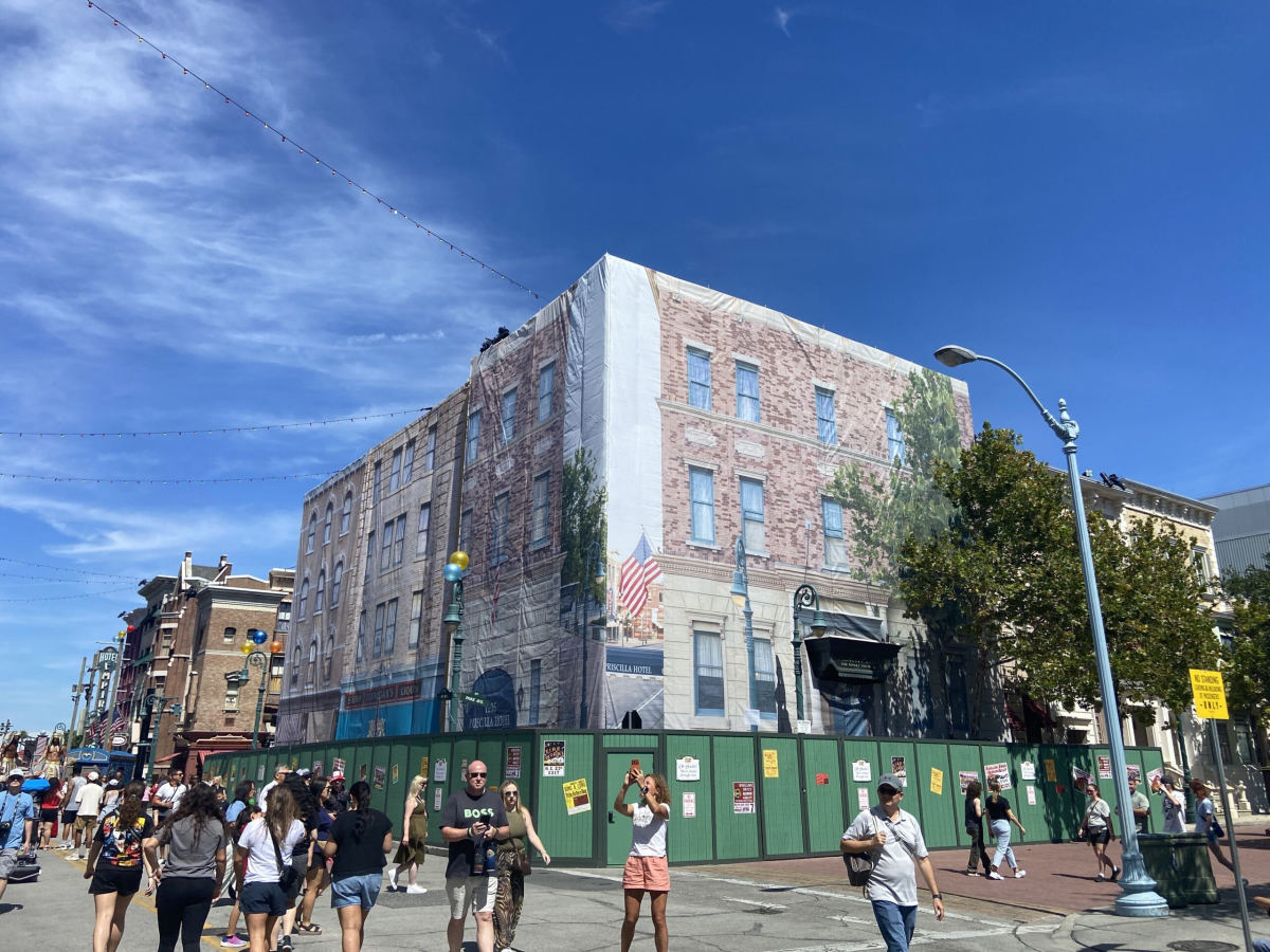 Themed Scrim Covers Priscilla Hotel Facade at Universal
