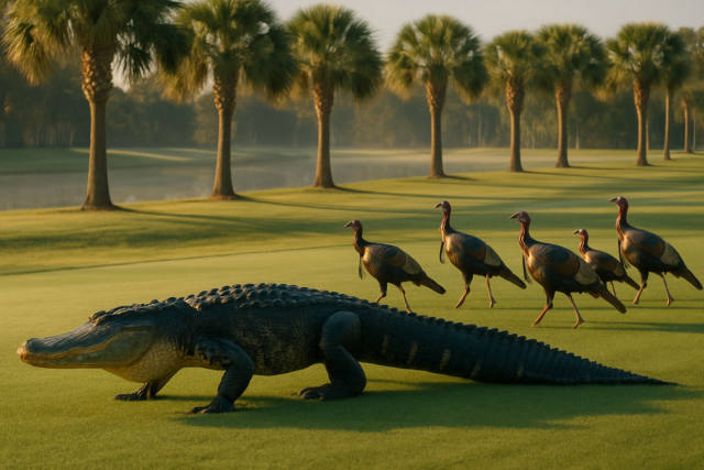 Turkeys Trail a Gator Across a Florida Golf Course