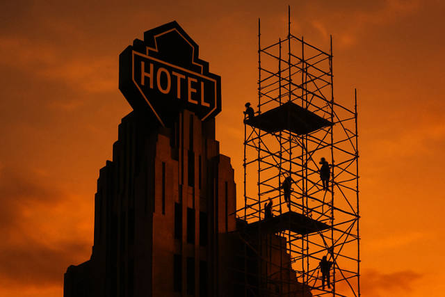 Tower of Terror Scaffolding Creeps Toward Iconic Hotel Sign